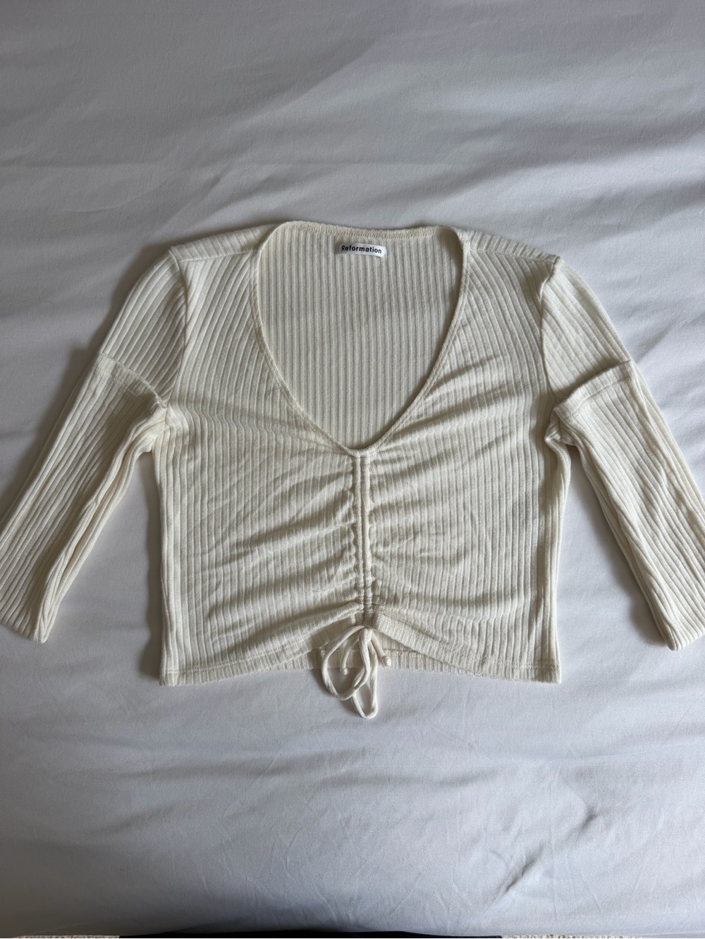 Reformation "Lex" Creamy White Rib Tie Rushed Front Crop V-Neck Long Sleeve Top